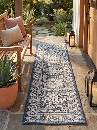 Rugs.com Outdoor Aztec Collection Rug – 6 Ft Runner Blue Flatweave Rug Perfect for Hallways, Entryways by Rugscom