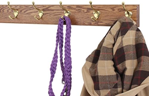 Solid Oak Coat Rack with Solid Brass Hat and Coat Style Hooks - Made in The USA (Chestnut, 25.5" x 3.5" with 5 Hooks) - Image 2