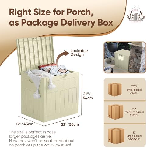 EHHLY 33 Gallon Deck Box, Small Outdoor Storage Box Waterproof, Lockable Secure Package Bin Delivery Box for Outside Front Porch, Patio Cushions Storage Box, Delivery Driver Snack Box for Porch, White - Image 3
