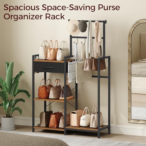 MAHANCRIS 3-Tier Tall Purse Organizer Rack with 11 Hooks & Pull-Out Drawer - Image 6