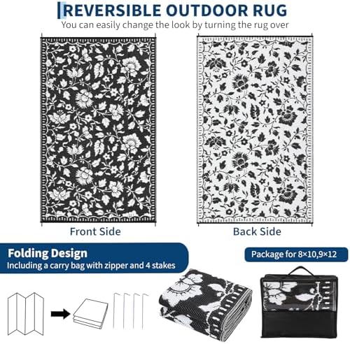 Garvee Floral Outdoor Rug 9x12 Patio Waterproof Plastic Straw Rug, Black - Image 6