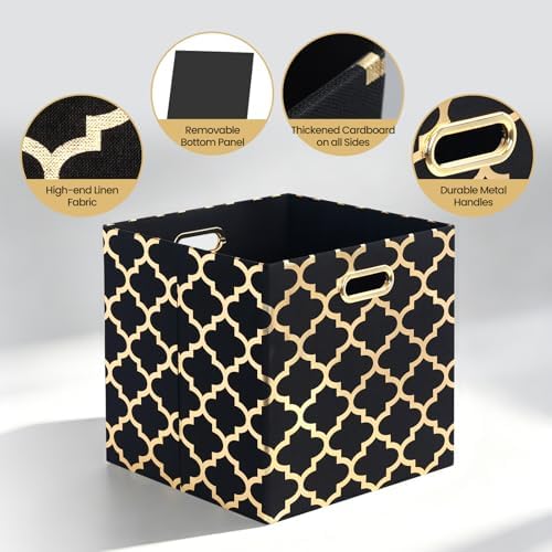 Posprica 11x11x11 Storage Cube Bins, Collapsible Storage Bins Fabric Storage Cubes Organizer Baskets Box Drawers for Shelves, Closet, Wardrobe, Bookshelf, Cabinet (Set of 4, Black/Gold lantern) - Image 3