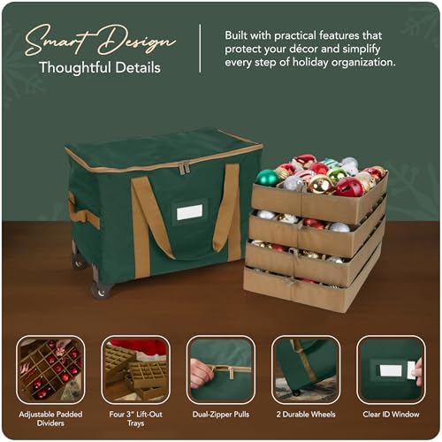 Covermates Keepsakes Rolling Adjustable Ornament Storage Bag – Heavy-Duty Polyester, FlexGrid Trays & Padded Dividers – Protective Holiday Organizer with Wheels, Handles & ID Window, Green - Image 4