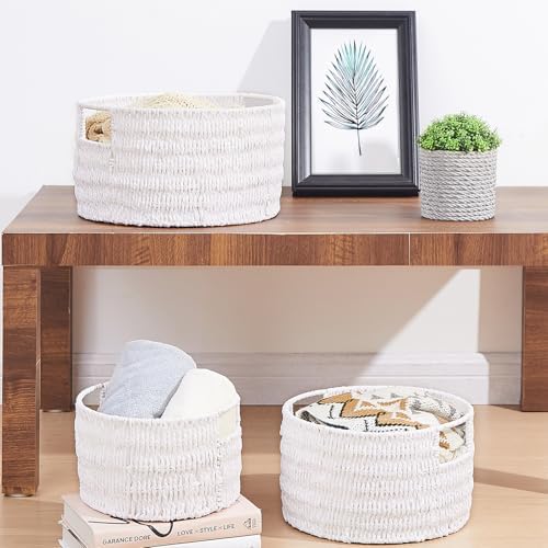 Vagusicc Wicker Storage Basket, Hand-Woven Paper Rope Large Round Woven Basket With Handles, Wicker Baskets for Organizing/Storage, White, 3-Pack - Image 7