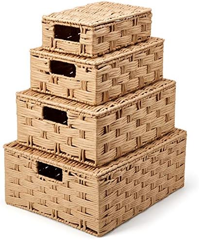 EZOWare Set of 4 Woven Wicker Stackable Storage Basket with Lid, Decorative Paper Rope Organizer Nesting Bin with Handles for Kids Baby Closets, Room Decor, Gift Baskets Empty - 4 Sizes, Beige by EZOWare