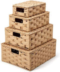 EZOWare Set of 4 Woven Wicker Stackable Storage Basket with Lid, Decorative Paper Rope Organizer Nesting Bin with Handles for Kids Baby Closets, Room Decor, Gift Baskets Empty - 4 Sizes, Beige by EZOWare