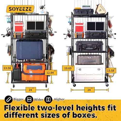 SOYEEZE Fishing Rod Holder for 12 Rods, Rolling Fishing Pole Holders for Garage, 4 Tier Adjustable Fish Rod Rack with Lockable Wheels for Tackle Box, Fishing Supplies, a Display Fish Gear Gift for Man - Image 3