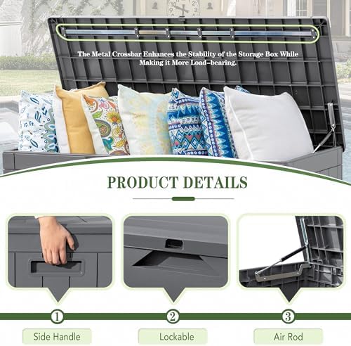 Greesum 100 Gallon Resin Deck Box Large Outdoor Storage, Imitation Rattan Weave Texture for Patio Furniture, Garden Tools, Pool Supplies, Weatherproof and UV Resistant, Lockable, Gray - Image 6
