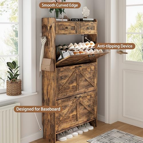 Shoe Cabinet with 3 Flip Drawers & 2 Top Drawers, 57" Tall Freestanding Narrow Wooden Shoe Storage Organizer for Entryway, Hidden Slim Shoe Rack for Front Door Entrance, Hallway, Living Room, Brown - Image 5