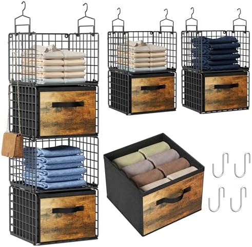 Hanging Closet Organizer with Drawers, 4 Tier Metal Closet Organizers and Storage with 4 Hanging Hooks 4 S-Hooks for Wardrobe Laundry Room, Wire Storage Shelf for Clothes Sweaters Pants (Black) by Orapoke