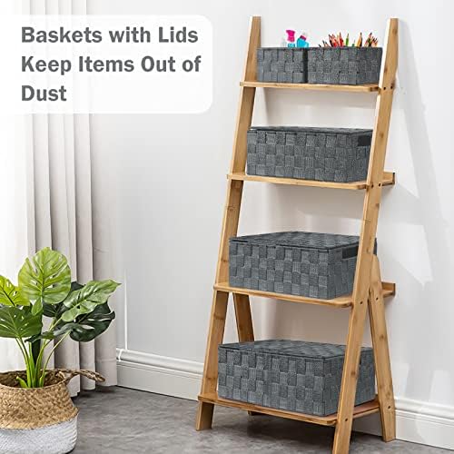 Storage Baskets with Lids: 5 Pack Stackable Woven Storage Bins, Grey - Image 3