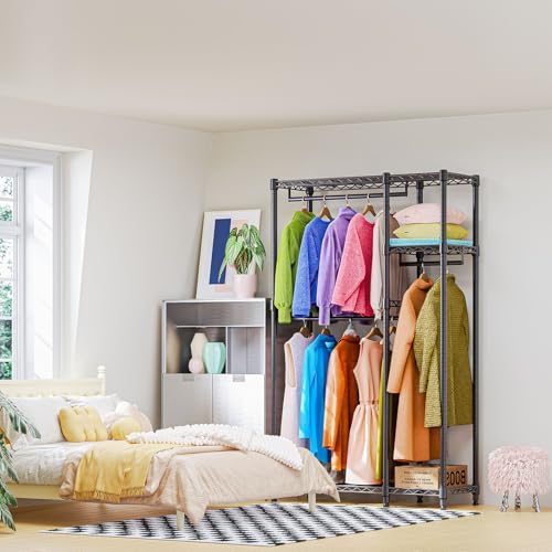 M MZG Heavy Duty Rolling Garment Rack 3 Tiers Adjustable Wire Shelving Clothes Rack with 3 Rods and Side Hooks,Storage Closet Clothing Rack Black 15.7" D x 43.3" W x 76.5" H - Image 5
