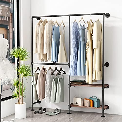 Industrial Pipe Clothes Racks with Black Shelves, Industrial Pipe Black Clothing Rack with Double Hanging Rods, Heavy Duty Wall Mounted Clothing Rack Rod for Closet Storage, Bedroom - Image 6