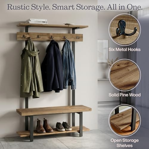 Pomona Solid Wood Entryway Hall Tree with Shoe Bench, Rustic Brown, 48 Inch - Image 4