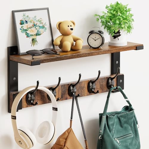 Oraich Wall Hooks with Shelf, Coat Rack Wall Mount with Hooks for Coat Backpack Key Clothes Hanger, Wall Floating Shelf Hanging in Entryway, Living Room, Bathroom, Kitchen(Black Brown & Black) - Image 2