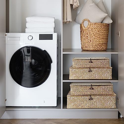 Didaey Set of 4 Seagrass Basket with Lid Wicker Storage Basket Decorative Storage Boxes with Lids Flat Storage Bins Woven Organizer Baskets for Shelf Closet Bedroom, 4 Sizes (White) - Image 5