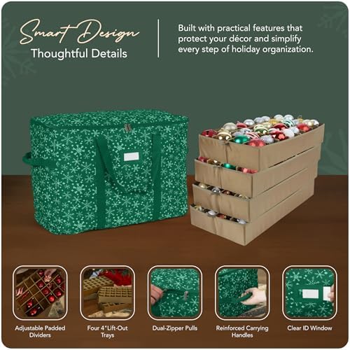 Covermates Keepsakes Adjustable Ornament Storage Bag – Heavy-Duty Polyester, Padded Dividers & FlexGrid Trays – Protective Holiday Ornament Organizer with Handles & Label Window, Green Snowflake - Image 4