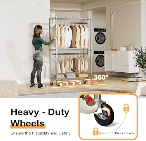 M MZG Heavy Duty Rolling Garment Rack 3 Tiers Adjustable Wire Shelving Clothes Rack with 2 Rods and Side Hooks,Storage Closet Clothing Rack with Wheels Chrome 15.7" D x 29.5" W x 74.5" H - Image 4
