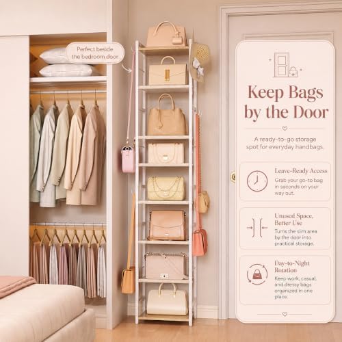8-Tier Narrow Purse Organizer for Closet, Tall Vertical Purse Rack for Small Spaces, Corner Handbag Storage Display Shelf with Adjustable Fabric Shelves & 8 Hooks for Small & Medium Tote Bags, Bedroom - Image 6