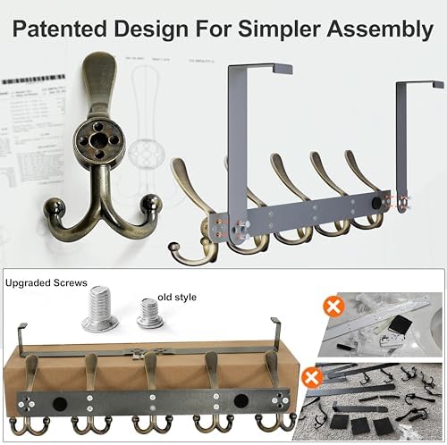 Dseap Over Door Hook 2.0 - Upgraded Version - Simple-Assembly, Strong, Heavy-Duty Stainless Steel 5-Tri-Hook Over The Door Hanger Rack, SimpleStrong Series, Bronze, Pack of 2 - Image 4