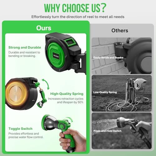 Retractable Garden Hose Reel, 5/8 in x 100 ft Heavy Duty Wall-Mounted Hose Reel with 180° Swivel Bracket, 10-Pattern Nozzle, Automatic Slow Rewind System, Any Length Lock for outside Watering,Cleaning - Image 3