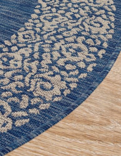 Unique Loom Outdoor Border Collection Area Rug - Floral Border (10' 8" Round, Blue/ Ivory) - Image 5