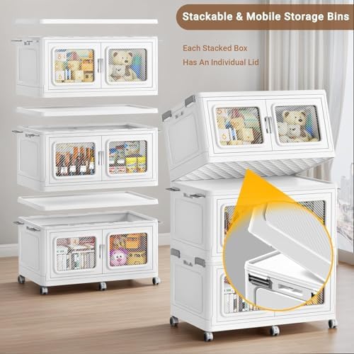 BROVIEW 330Gal Storage Bins, 1320Qt Extra Large Stackable Storage Box with Lids & Wheels - Heavy Duty Collapsible Plastic Cabinets, Open Front Door for Sundries in Home & Office, White 6 Pack - Image 3