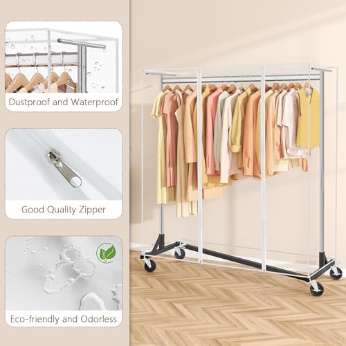 Hoctieon Z Clothes Rack with Cover, Metal Heavy Duty Clothing Rack, Rolling Garment Rack with Wheels, with Dustproof Cover Waterproof Protector, with 2 Durable Zippers, for Hanging Clothes, Chrome - Image 3