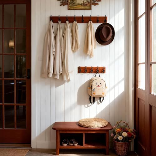 WEBI Rustic Coat Rack Wall Mount,35.43" Long 8 Cast Iron Coat Hooks Wall Mounted,Heavy Duty Wood Wall Coat Hanger Hooks for Hanging Coats,Jacket,Clothes,Backpack,Farmhouse,Cherry,2 Packs - Image 4