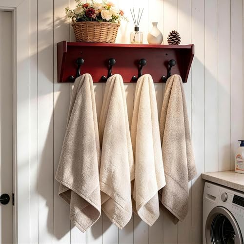 SKOLOO Wall Shelf with Hooks, 24-Inch Cherry Coat Rack Wall Mount with Shelf Organizer - Heavy Duty, 4 Tri Hooks - Perfect for Entryway, Hallway, Living Room, Bedroom, Mudroom - Image 6