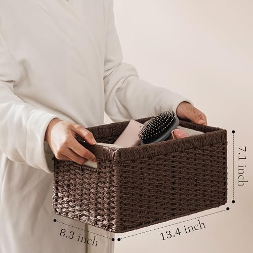UBBCARE 3 Pack Wicker Basket, 13.4L×8.3H×7.1W inch Woven Paper Rope Storage Baskets for Shelves, Foldable Rectangular Storage Baskets with Handle, Storage Basket for Organizing, Dark Brown - Image 3