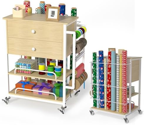 Wrapping Paper Storage & Organizer, Craft Cart with Ribbon & Gift Bag Storage, Wrapping Paper Organizer Holder(2 Wooden Drawers-Oak) by Anrigeail