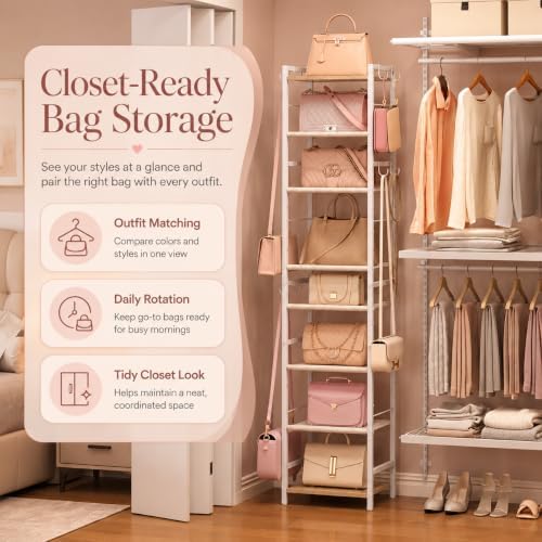 8-Tier Narrow Purse Organizer for Closet, Tall Vertical Purse Rack for Small Spaces, Corner Handbag Storage Display Shelf with Adjustable Fabric Shelves & 8 Hooks for Small & Medium Tote Bags, Bedroom - Image 4