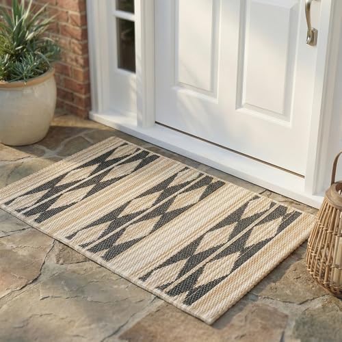 Fab Habitat Striped Non Slip Doormat - Durable, Thin - Recycled Plastic - Entryway, Front Door, Porch, Patio - Cairo - Natural & Black (24" x 36" Non-Slip) by FabHabitat