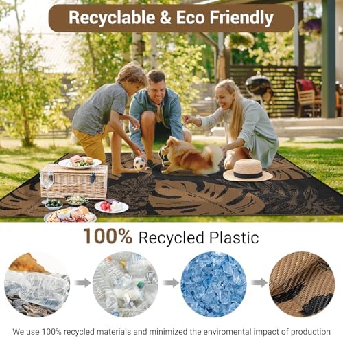COZYLOOM Waterproof Outdoor Rug 9x12, Reversible Plastic Straw Rug Patio Camping Rug, Indoor Outdoor RV Mat Carpet for Deck, Camper, Porch, Balcony, Backyard, Picnic, Tropical Leaf Patio Carpet - Image 5