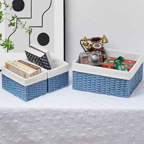 Vagusicc Wicker Basket, Set of 3 Hand-woven Storage Baskets for Organizing, Rectangle Wicker Storage Basket Bins with Handles, Small Toilet Paper Storage Baskets for Shelves & Decor, Blue - Image 6