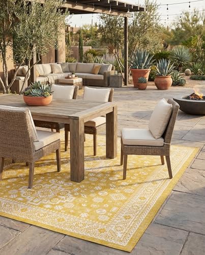 Rugs.com - Outdoor Aztec Rug – 10' x 14' 1 Yellow Indoor/Outdoor Rug – Flatweave Stain-Resistant Area Rug for Patio, Deck, and Porch by Rugscom