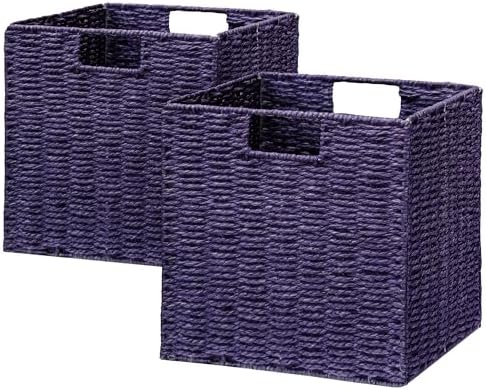 Vagusicc Wicker Storage Basket, Set of 2 Hand-Woven Paper Rope Wicker Basket, Foldable Cube Storage Bins, Square Large Storage Baskets for Organizing Shelves, Decor, Orange (13″×13″×13″) by Vagusicc