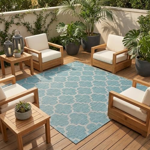 Unique Loom Outdoor Trellis Collection Area Rug (7' 10" Square, Aquamarine/ Gray) by UniqueLoom