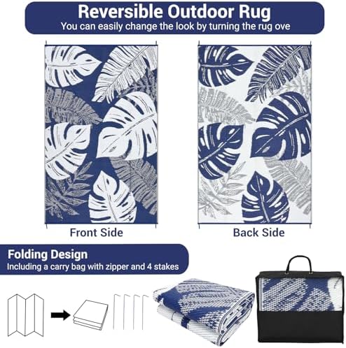 GlowSol Waterproof 9x18 Outdoor Rug for Patio Reversible Plastic Straw Rug Floral Camping Carpet with Carry Bag, Stain & UV Resistant Portable RV Carpet for Camper Deck Balcony Porch Beach Picnic,Navy - Image 3