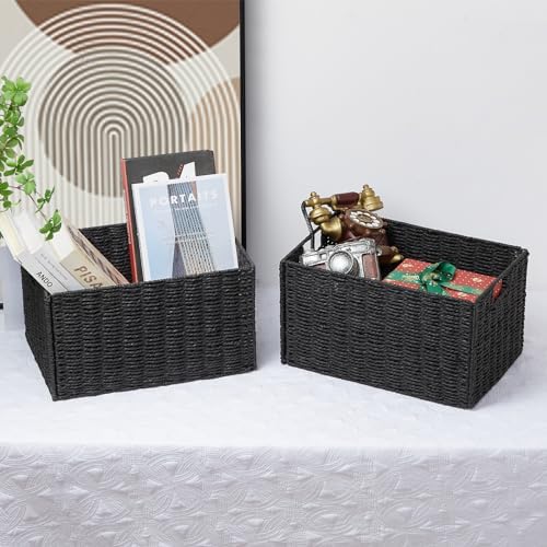 Vagusicc Wicker Storage Basket, Set of 2 Hand-Woven Paper Rope Wicker Basket, Small Storage Baskets for Organizing Toilet Paper Baskets, Foldable Large Cube Storage Organizer Bin for Shelves (Black) - Image 7