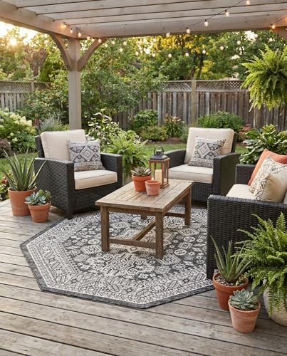 Rugs.com - Outdoor Aztec Rug – 5 Ft Octagon Charcoal Gray Washable Indoor/Outdoor Rug – Flatweave Geometric Design for Patios, Decks, and Porches by Rugscom