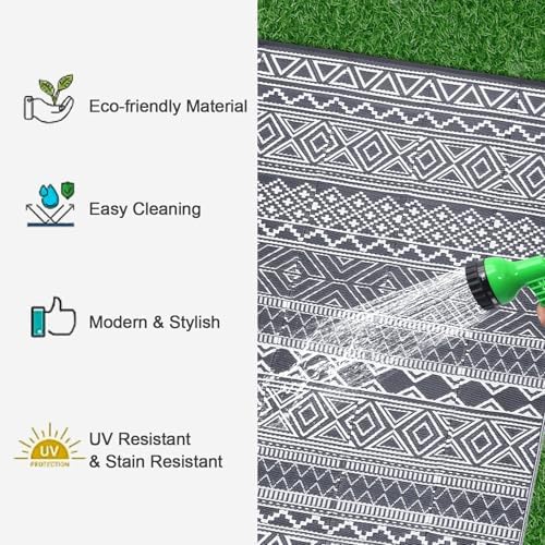GlowSol 9x12 Outdoor Rug Waterproof Carpet with a Carry Bag Outdoor Plastic Straw Rug for Patio Modern Camping Mat Easy Cleaning Reversible Outdoor Carpet for Balcony Deck Backyard RV Picnic,Grey - Image 4