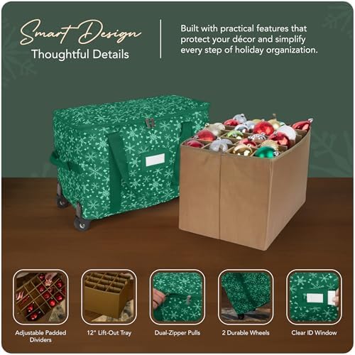 Covermates Keepsakes Rolling Adjustable Ornament Storage Bag – Heavy-Duty Polyester, FlexGrid Trays & Padded Dividers – Protective Holiday Organizer with Wheels, Handles & ID Window, Green Snowflake - Image 4