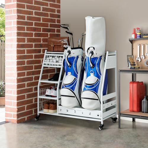 Lauren&Harold Golf Bag Organizer Garage Storage, Golf Storage Rack Stand Fits 2 Golf Bags, Golf Clubs and Other Golfing Equipment Accessories, Golf Organizer for Garage, Club, Shed, Basement by LaurenHarold