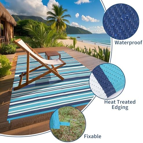 Garvee Waterproof Geometric Lines 9x18 Large Outdoor Rug Navy Blue Teal - Image 4