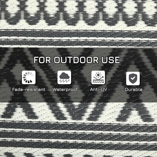 Outsunny Outdoor Rug for Patio Waterproof, 9' x 18', Gray & Cream Boho - Image 7