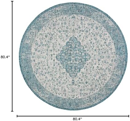 SAFAVIEH Washable Rug Outdoor Courtyard Collection - 6'7" Round, Teal & Cream, Non-Shedding & Easy Cleaning, Ideal for Patio, Backyard, Mudroom (CY8720-372) - Image 2