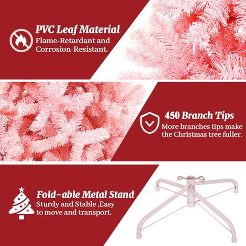 ULICO 4ft Artificial Pink Christmas Tree,Premium Spruce Xmas Tree with 450 Branch Tips, Fake Christmas Tree with Foldable Metal Base Stand,Home, Office,Party Decoration - Image 2