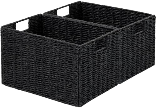 Vagusicc Wicker Storage Basket, Set of 2 Hand-Woven Paper Rope Wicker Basket, Small Storage Baskets for Organizing Toilet Paper Baskets, Foldable Large Cube Storage Organizer Bin for Shelves (Black) by Vagusicc